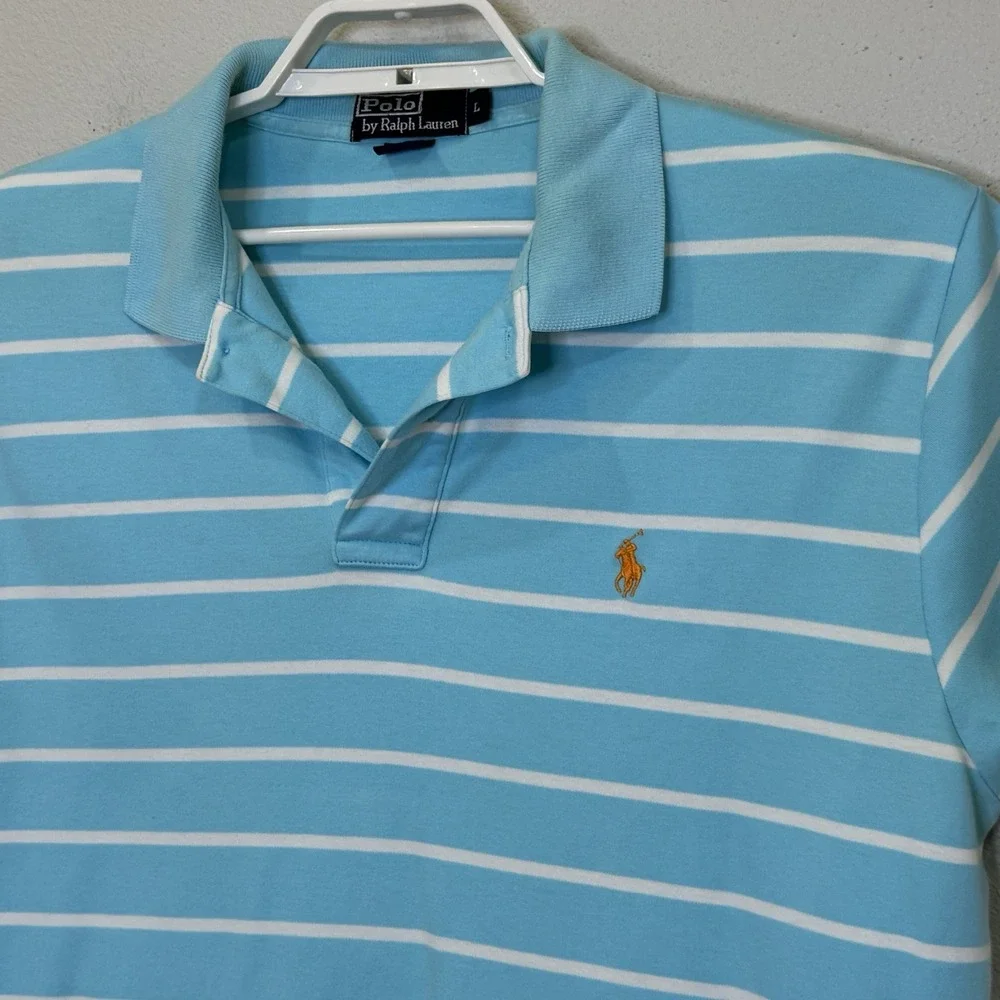 Polo Ralph Lauren Polo Shirt Mens Large Light Blue Stripe Short Sleeve Pony Logo